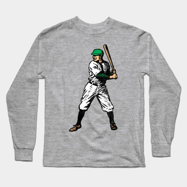 Vintage Baseball Player (Green - distressed) Long Sleeve T-Shirt by GloopTrekker